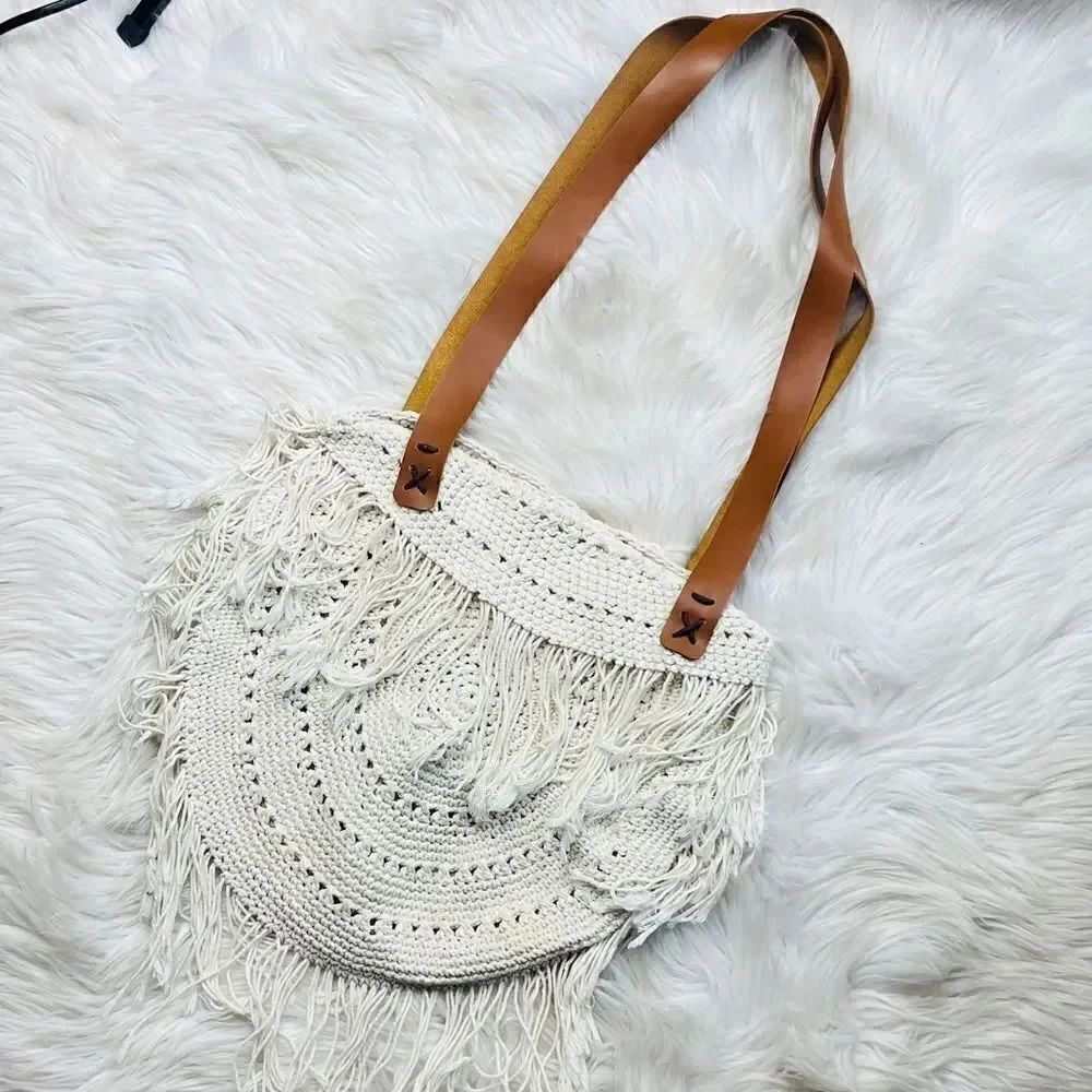 Bohemian Fringe Crochet Shoulder Bag White and Brown